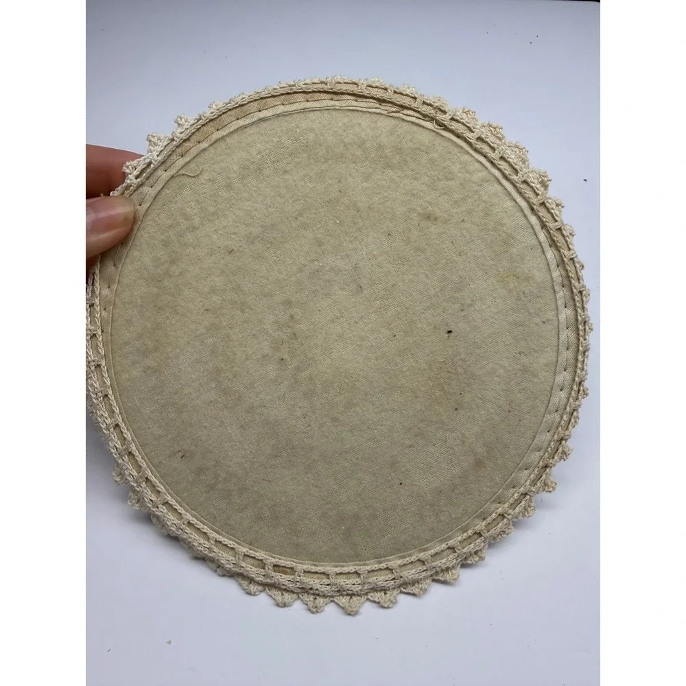 Vintage Hand Crochet Doily Round Scalloped Lace Cream Trivet  8in